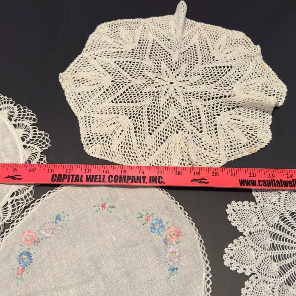 Vtg Doilies White Crochet Floral Embroidered Mixed 7pc Mixed Sizes Cottagecore